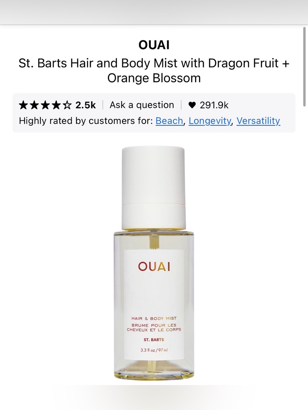 OUAI Hair & Body Mist - St. Barts 3.3oz
